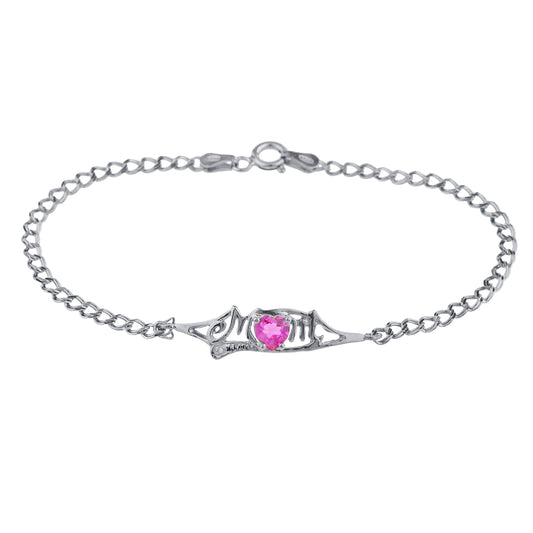 Pink Sapphire & Diamond Heart Mom Bracelet .925 Sterling Silver