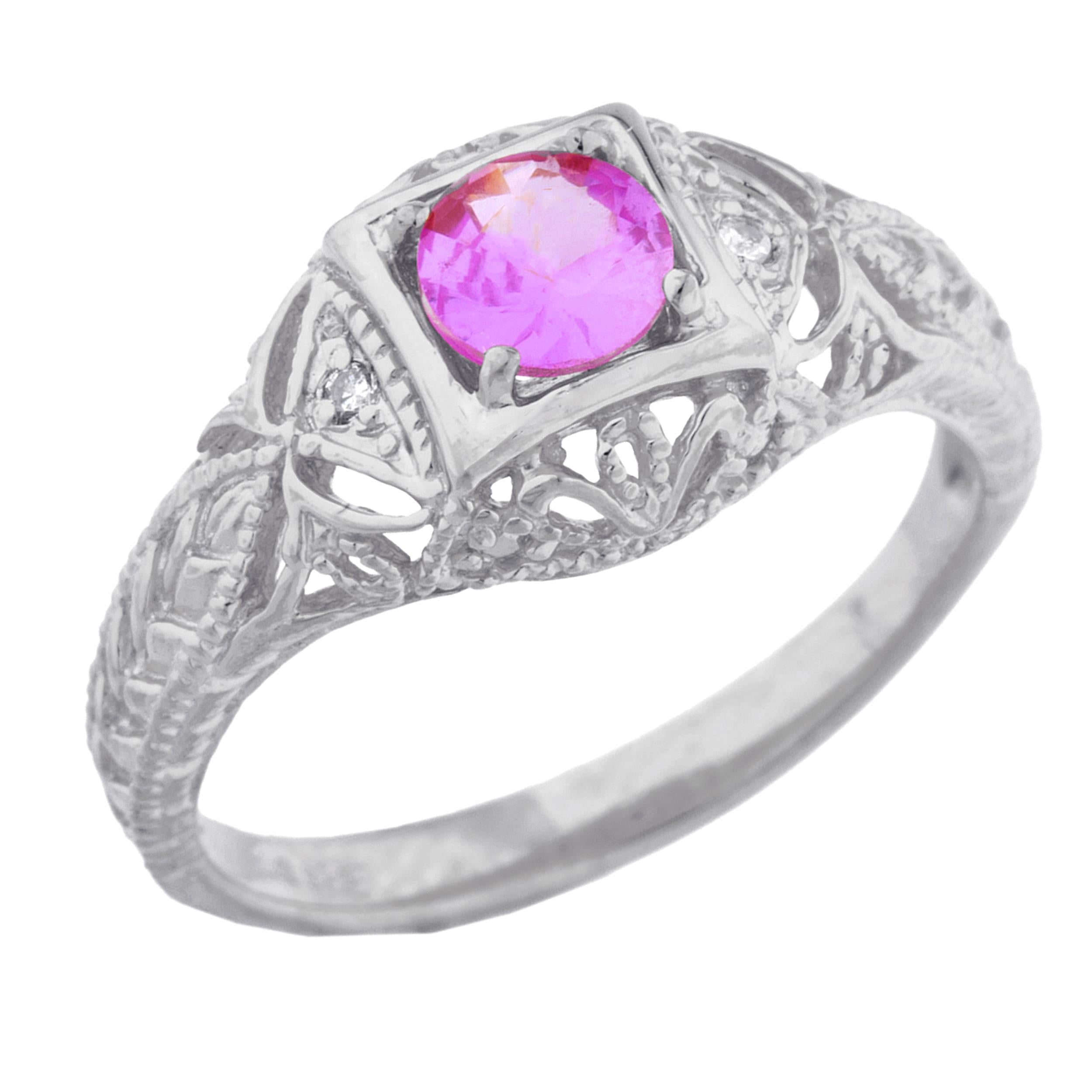 14Kt Gold Pink Sapphire & Diamond Design Round Ring
