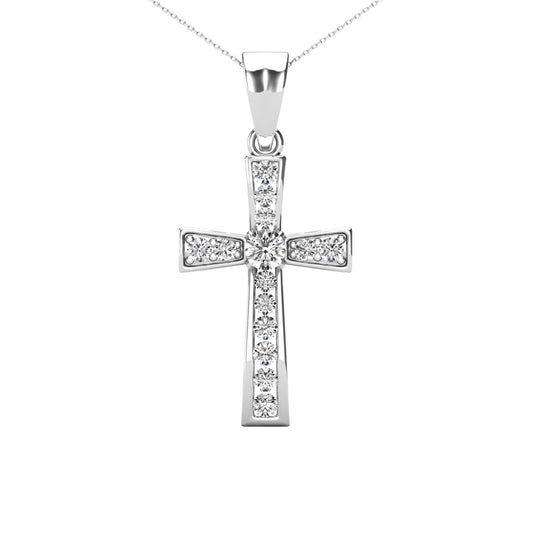 14Kt White Gold 0.22 Ct Genuine Natural Diamond Cross Pendant Necklace