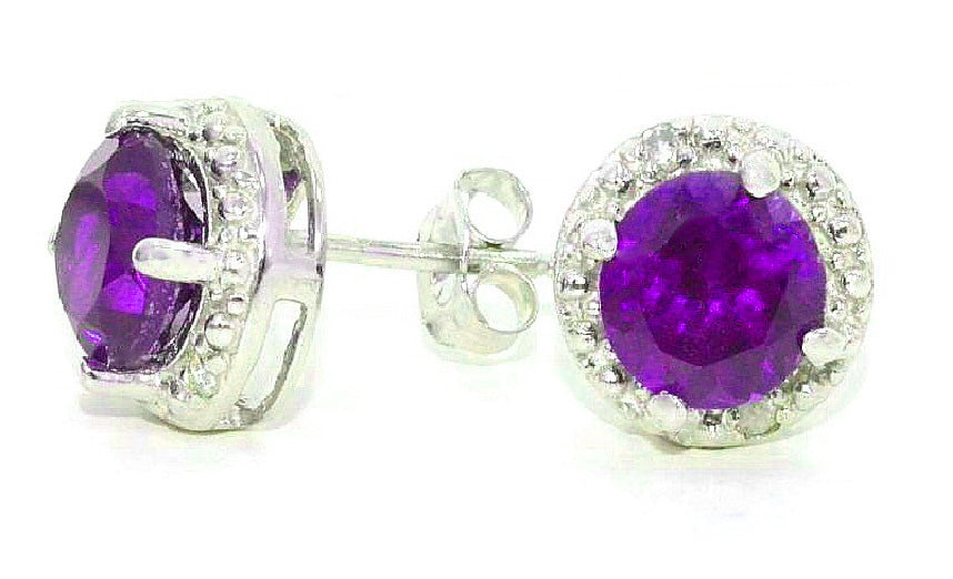 2 Ct Amethyst & Diamond Round Stud Earrings 14Kt White Gold