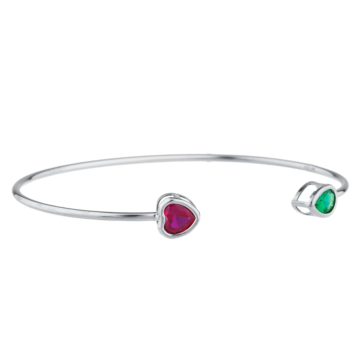 Created Ruby Heart & Emerald Pear Bezel Bangle Bracelet .925 Sterling Silver Rhodium Finish