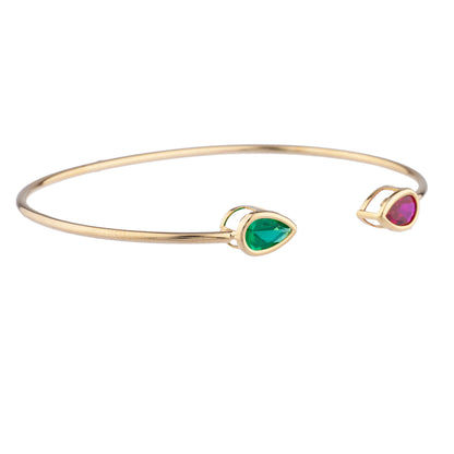 Created Ruby & Emerald Pear Bezel Bangle Bracelet 14Kt Yellow Gold Plated Over .925 Sterling Silver