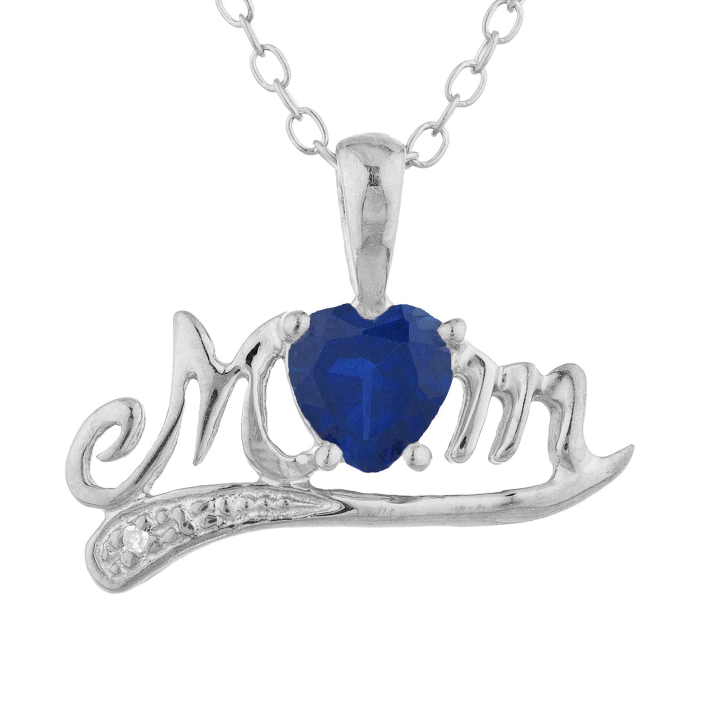 0.50 Ct Blue Sapphire & Diamond Heart Mom Pendant .925 Sterling Silver