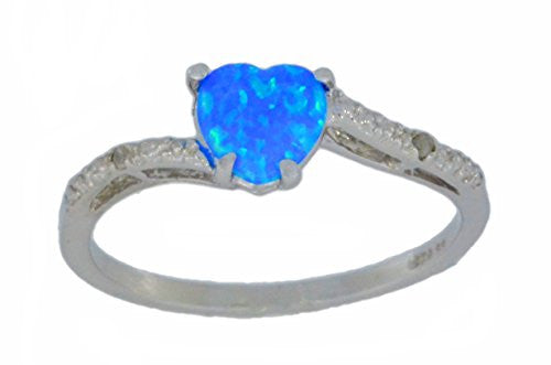 6mm Blue Opal & Diamond Heart Ring .925 Sterling Silver Rhodium Finish