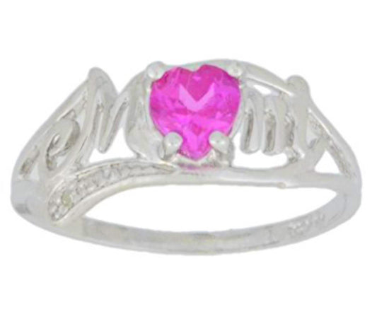 .50 Ct Pink Sapphire Heart & Diamond Mom Ring .925 Sterling Silver Rhodium Finish