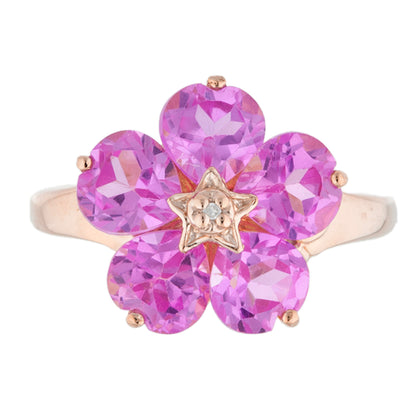 14Kt Gold Pink Sapphire & Diamond Heart Flower Design Ring