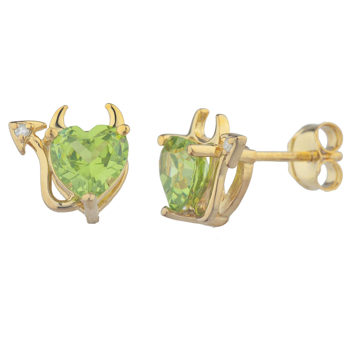 Peridot & Diamond Devil Heart Stud Earrings 14Kt Yellow Gold Plated