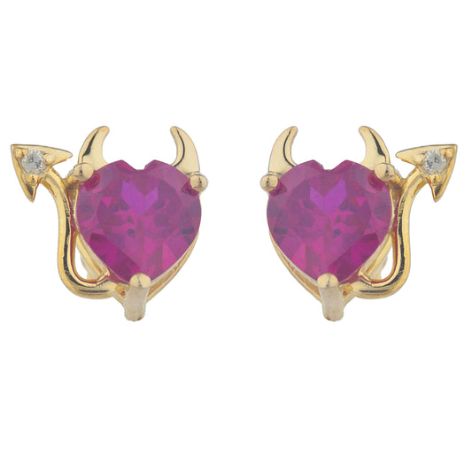 14Kt Gold Created Ruby & Diamond Devil Heart Stud Earrings