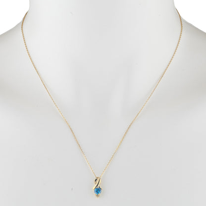 14Kt Gold Swiss Blue Topaz & Diamond Round Design Pendant Necklace