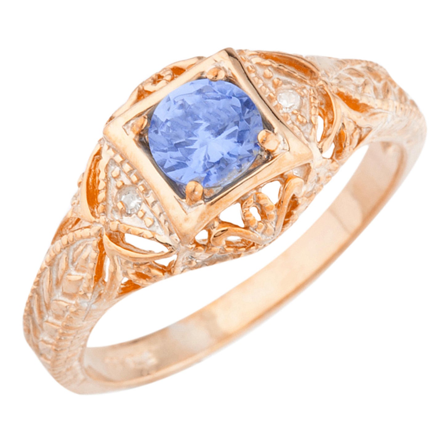 14Kt Gold Tanzanite & Diamond Design Round Ring