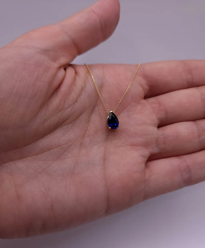 14Kt Gold Blue Sapphire Teardrop Necklace Pendant