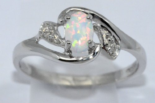 6x4mm Opal & Diamond Oval Ring .925 Sterling Silver Rhodium Finish