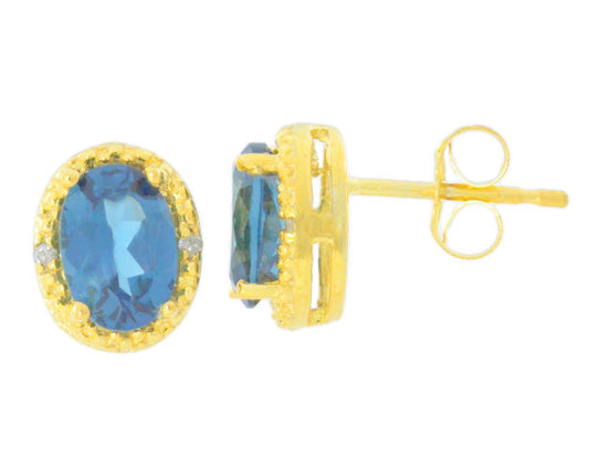 2 Ct London Blue Topaz & Diamond Oval Stud Earrings 14Kt Yellow Gold Plated