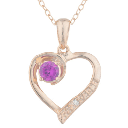 14Kt Rose Gold Plated Created Ruby & Diamond Heart Pendant