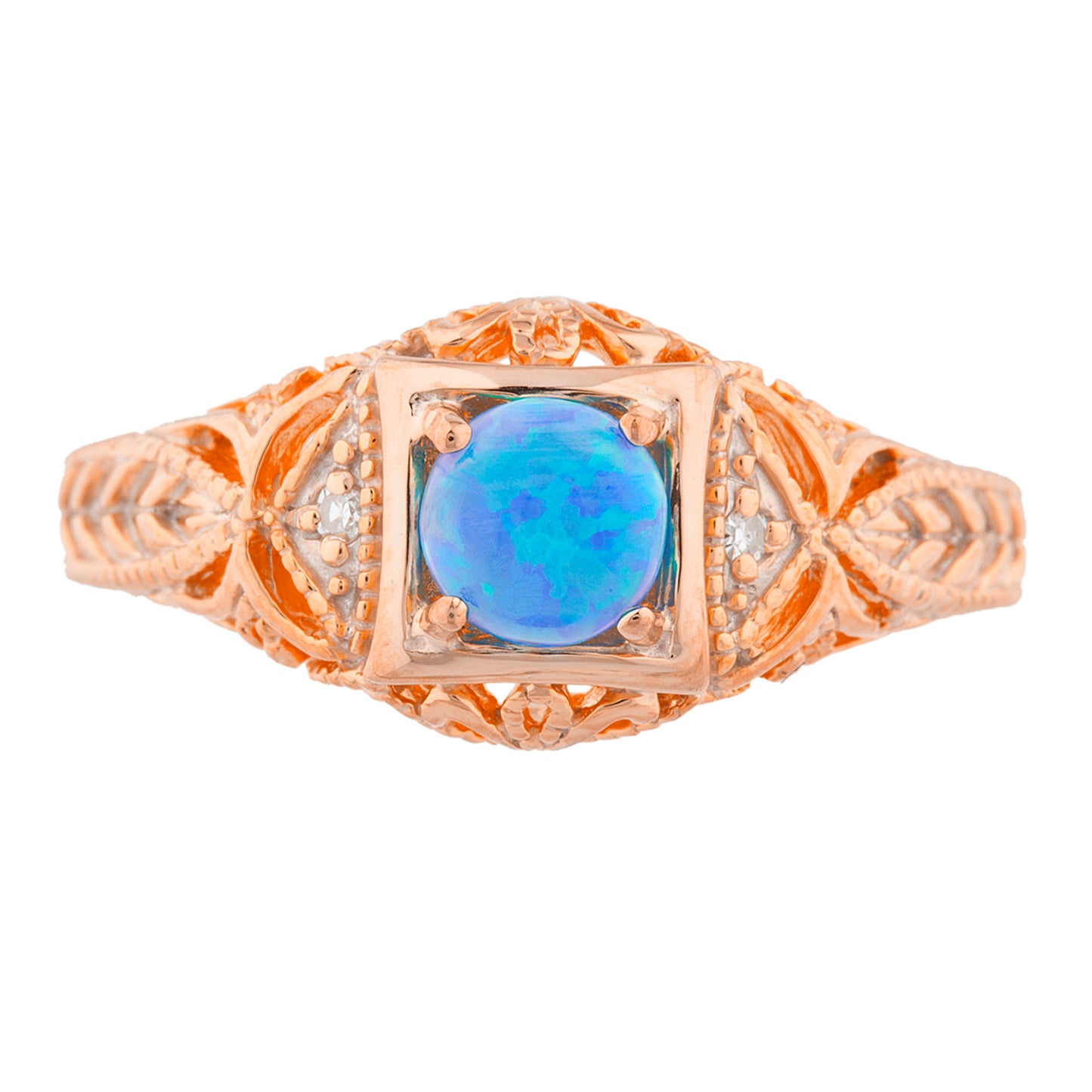 14Kt Gold Blue Opal & Diamond Design Round Ring