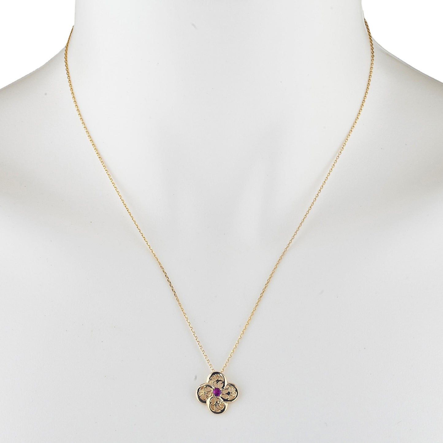 14Kt Gold Created Ruby Clover Design Pendant Necklace