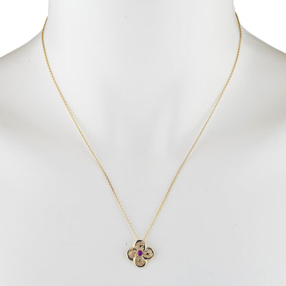 14Kt Gold Created Ruby Clover Design Pendant Necklace