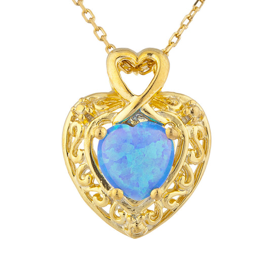 14Kt Gold Blue Opal Heart Design Pendant Necklace