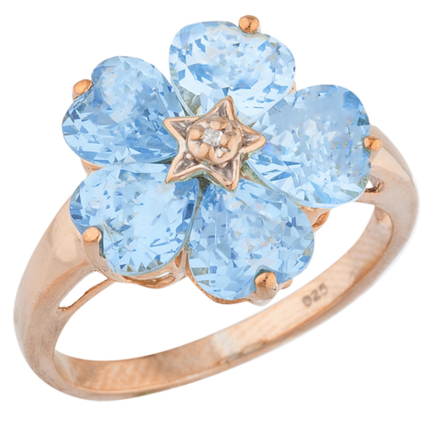 14Kt Gold Blue Topaz & Diamond Heart Flower Design Ring