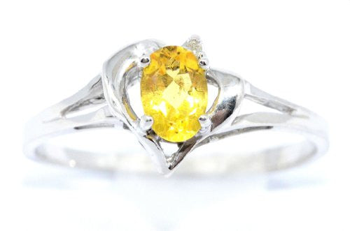 0.50 Ct Yellow Citrine & Diamond Oval Heart Ring .925 Sterling Silver Rhodium Finish