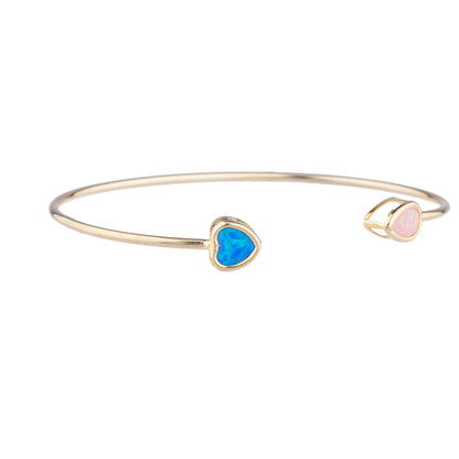 Blue Opal Heart & Pink Opal Pear Bezel Bangle Bracelet 14Kt Yellow Gold Plated Over .925 Sterling Silver