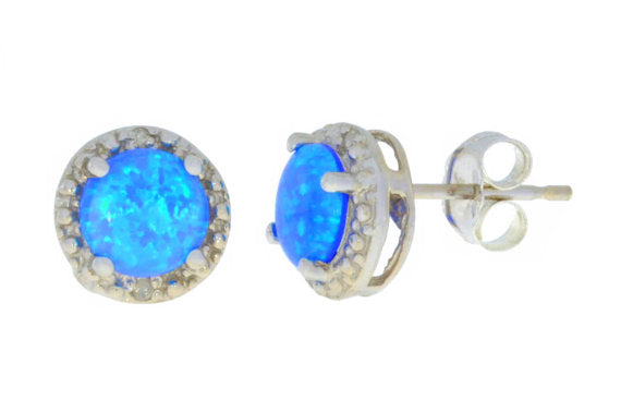 14Kt White Gold Blue Opal & Diamond Round Stud Earrings