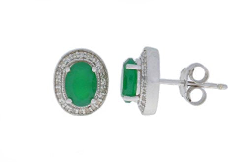 2 Ct Green Agate & Diamond Oval Stud Earrings .925 Sterling Silver Rhodium Finish