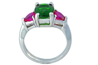 4 Ct Created Emerald Oval & Ruby Heart Ring .925 Sterling Silver Rhodium Finish