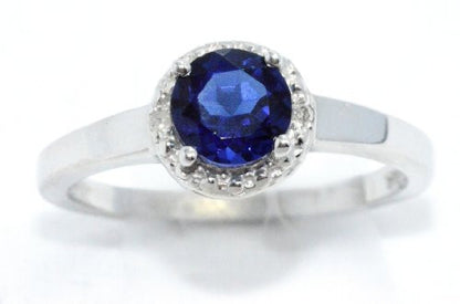 1 Ct Created Blue Sapphire & Diamond Round Ring .925 Sterling Silver Rhodium Finish