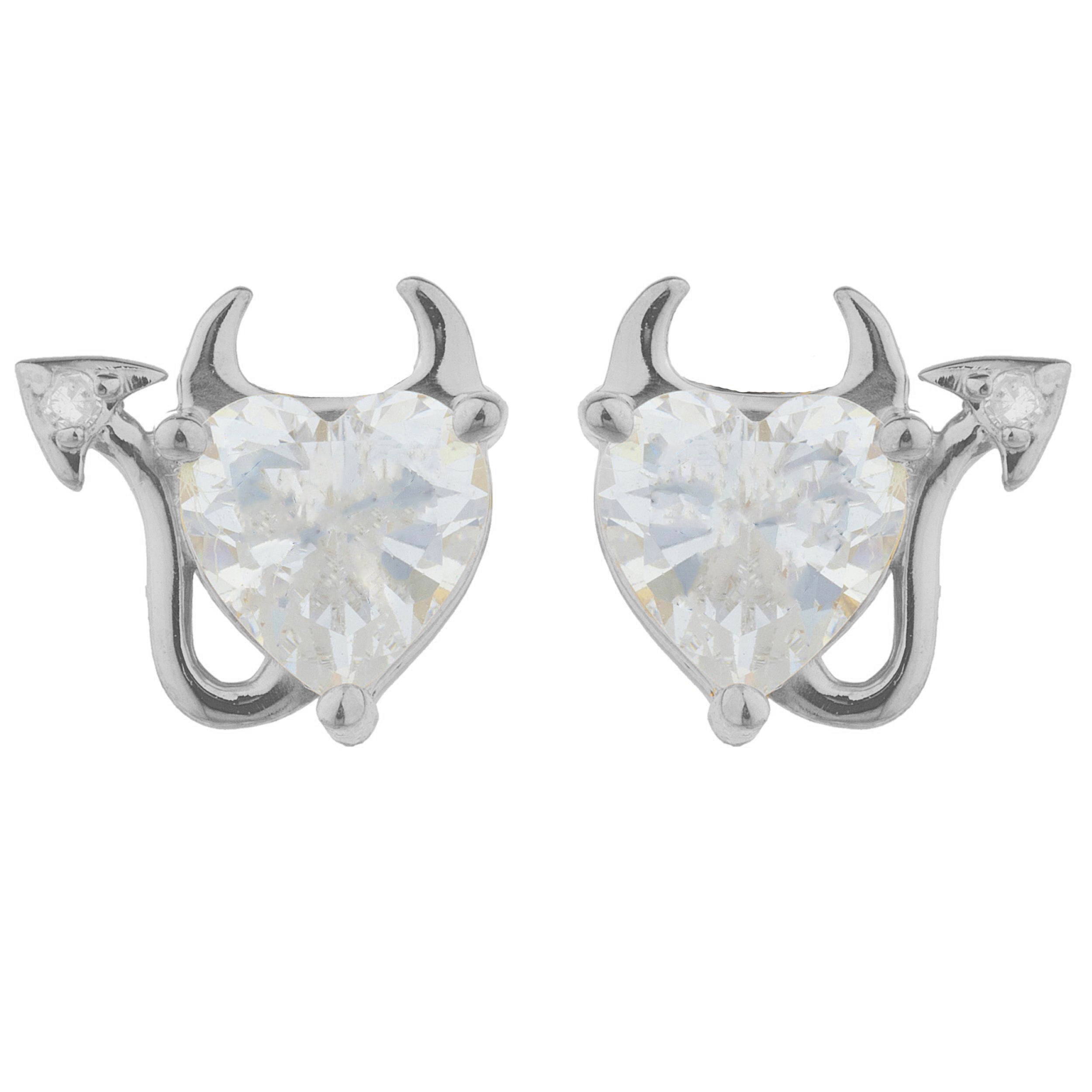 14Kt Gold White Sapphire & Diamond Devil Heart Stud Earrings