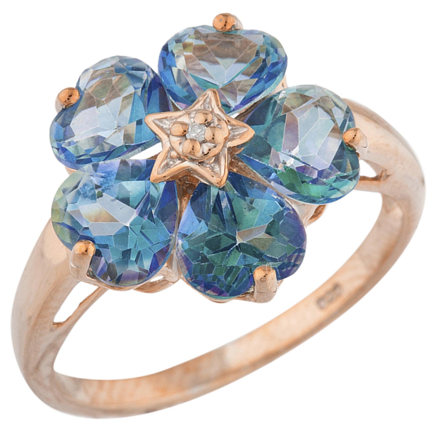 14Kt Gold Natural Blue Mystic Topaz & Diamond Heart Flower Design Ring