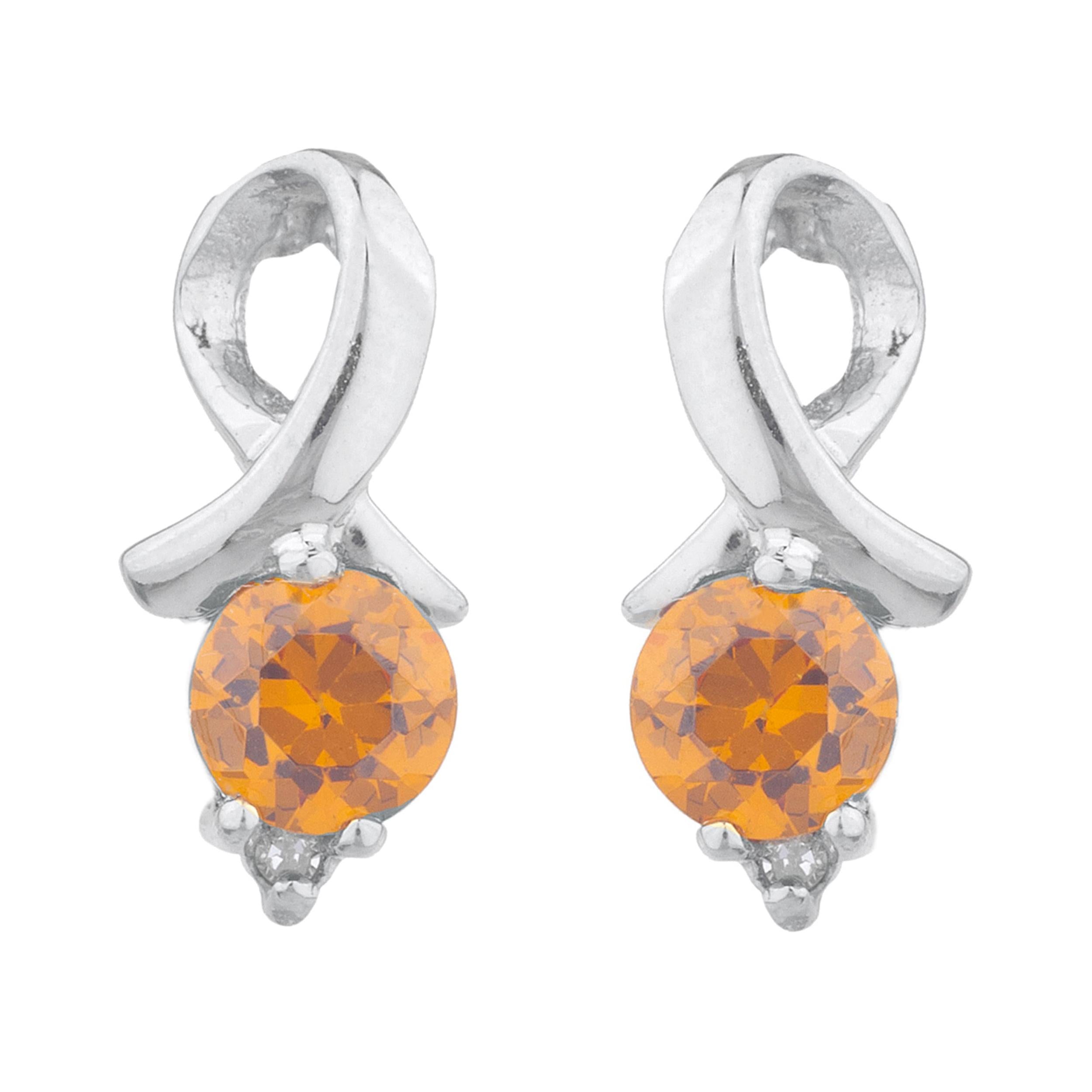 14Kt Gold Orange Citrine & Diamond Round Design Stud Earrings