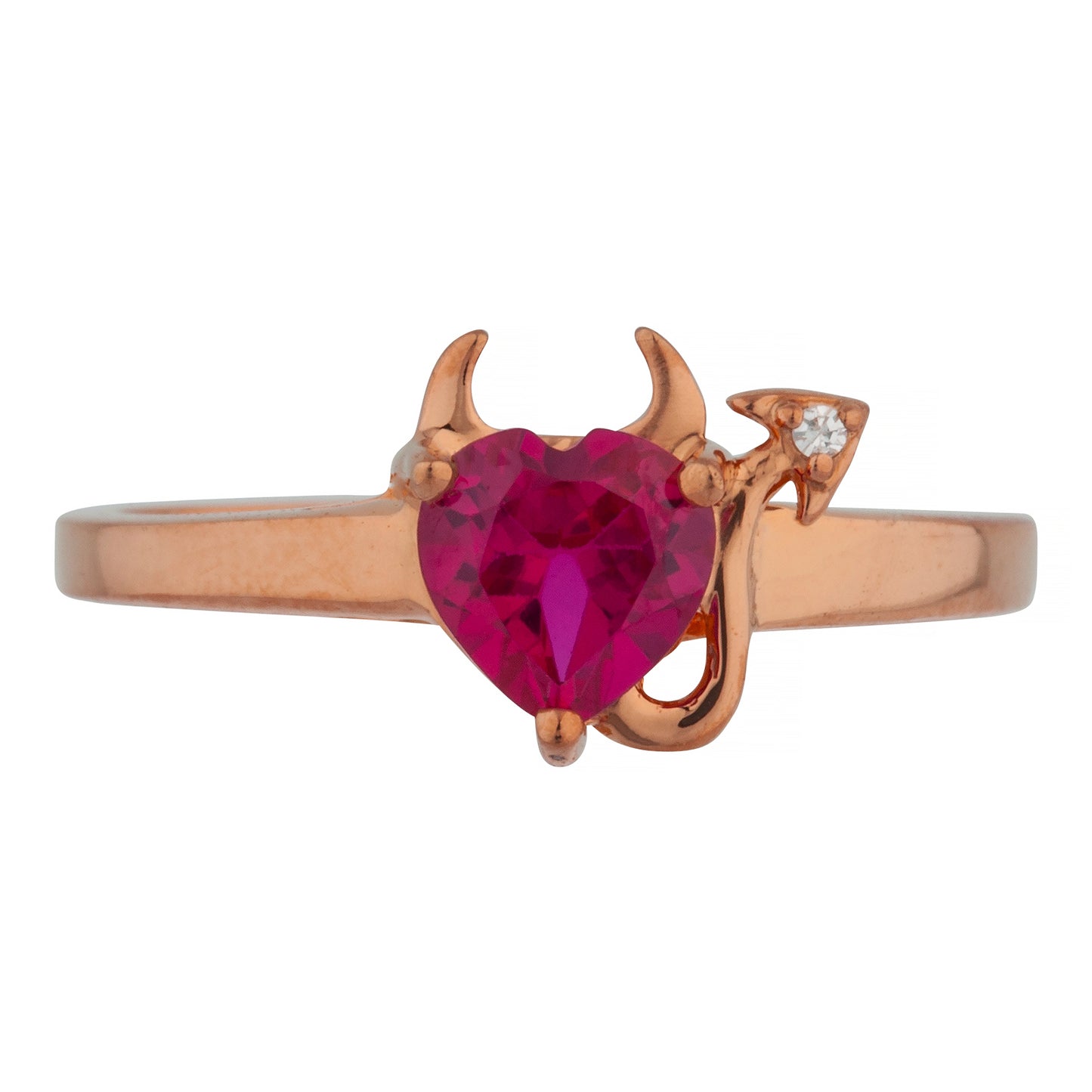 Created Ruby & Diamond Devil Heart Ring 14Kt Yellow Gold Rose Gold Silver