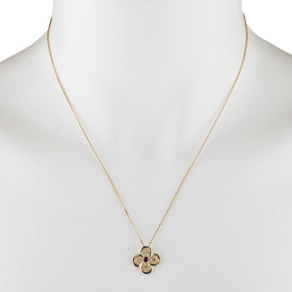 14Kt Gold Garnet Clover Design Pendant Necklace