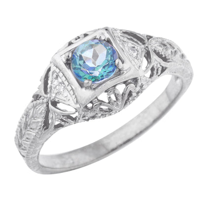 14Kt Gold Natural Blue Mystic Topaz & Diamond Design Round Ring