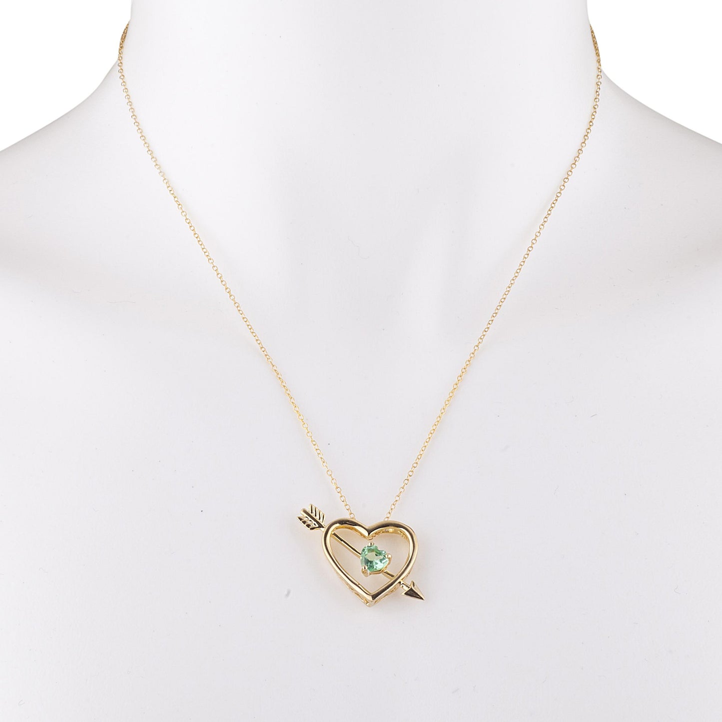 14Kt Gold Green Sapphire Heart Bow & Arrow Pendant Necklace