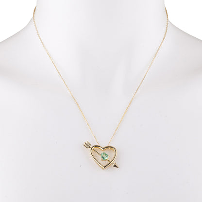 14Kt Gold Green Sapphire Heart Bow & Arrow Pendant Necklace