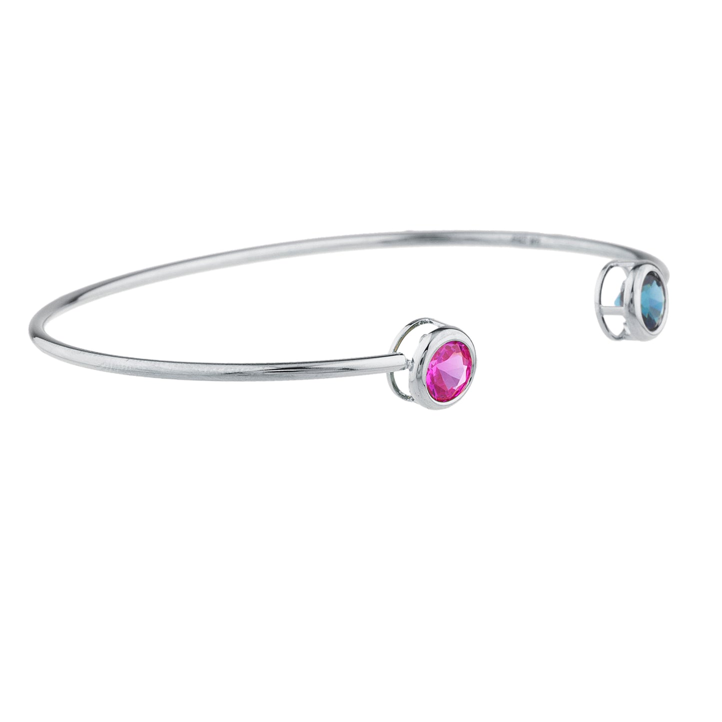 Pink Sapphire & London Blue Topaz Round Bezel Bangle Bracelet .925 Sterling Silver