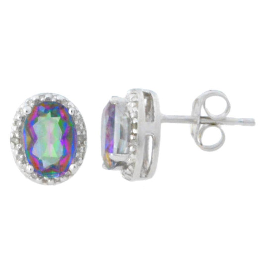 2 Ct Genuine Mystic Topaz & Diamond Oval Stud Earrings 14Kt White Gold