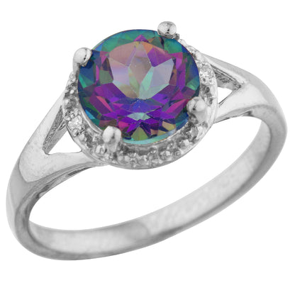 14Kt Gold 2 Ct Natural Mystic Topaz & Diamond Halo Design Round Ring