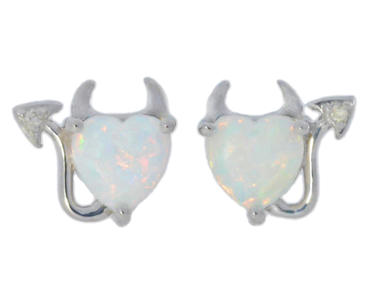 Opal & Diamond Devil Heart Stud Earrings .925 Sterling Silver