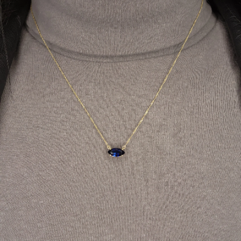 14Kt Gold Blue Sapphire Marquise Pendant Necklace
