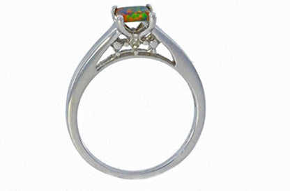 5mm Black Opal & Diamond Princess Cut Ring .925 Sterling Silver Rhodium Finish