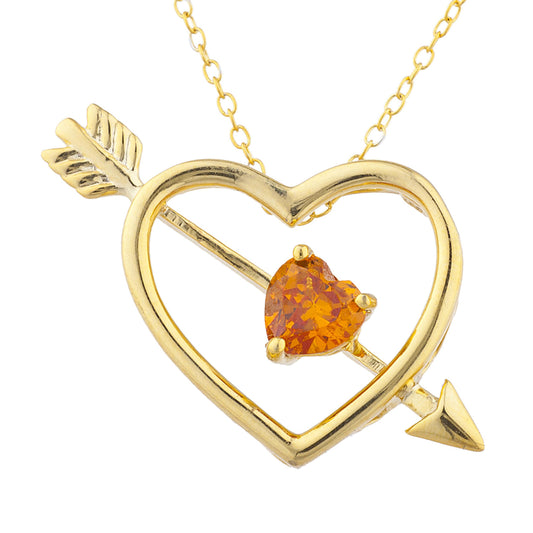 14Kt Gold Orange Citrine Heart Bow & Arrow Pendant Necklace