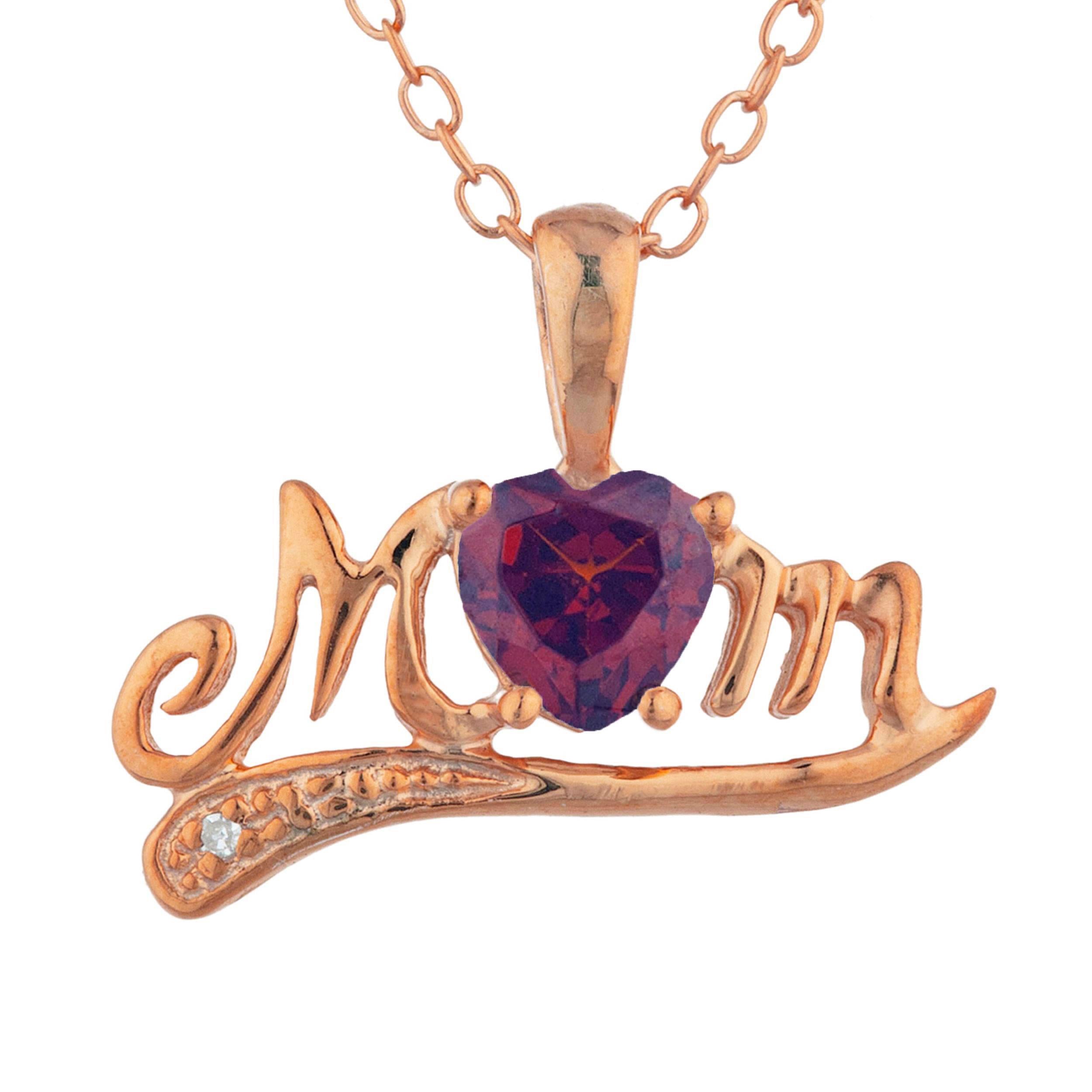 14Kt Gold Garnet & Diamond Heart Mom Pendant Necklace