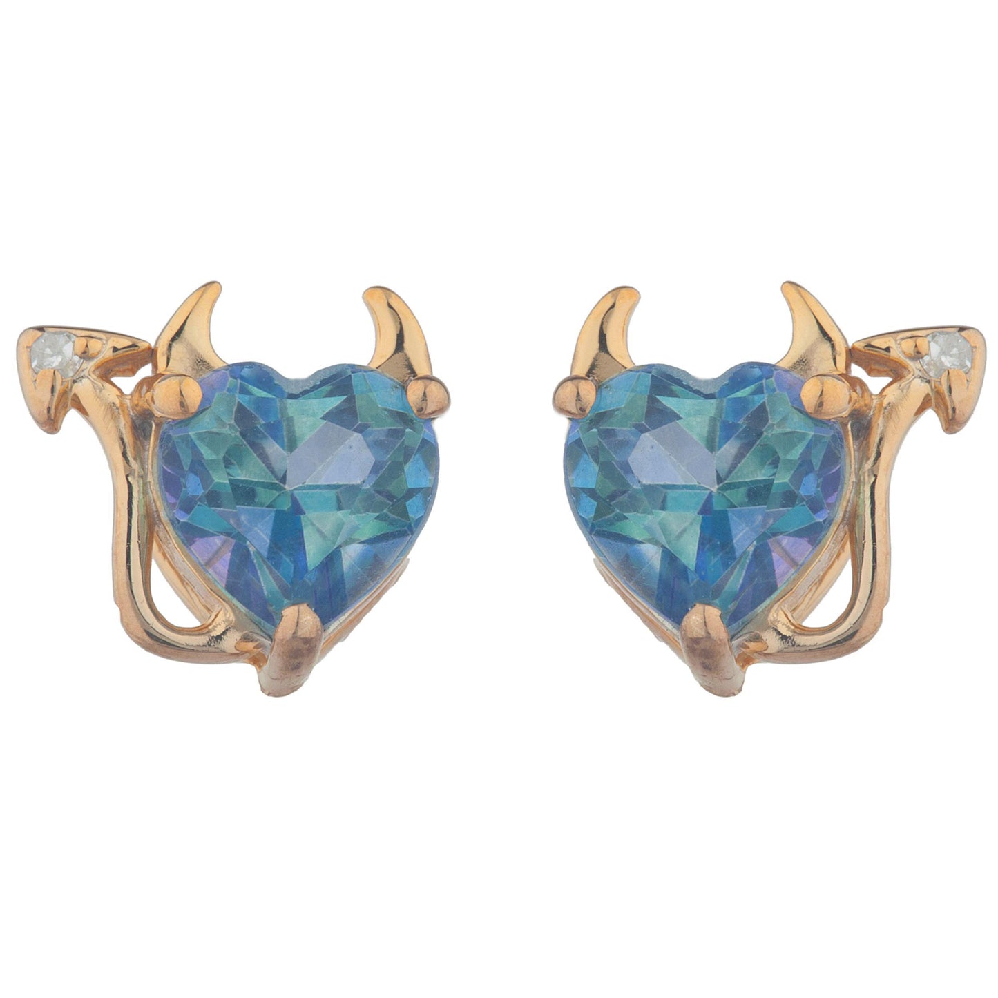 14Kt Gold Natural Blue Mystic Topaz & Diamond Devil Heart Stud Earrings