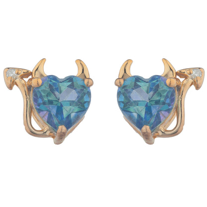 14Kt Gold Natural Blue Mystic Topaz & Diamond Devil Heart Stud Earrings