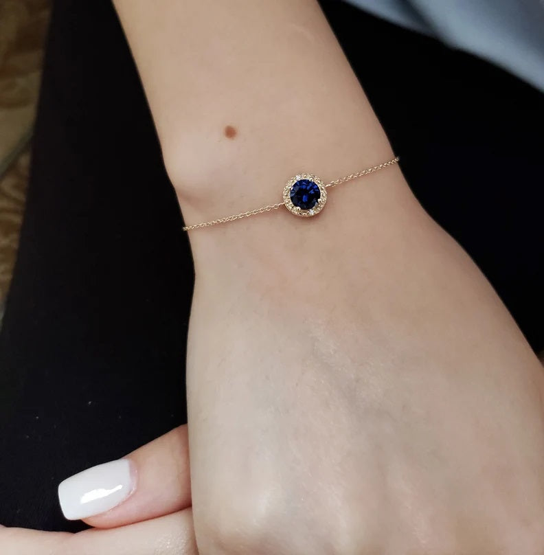 14Kt Gold Blue Sapphire & Diamond Round Bracelet