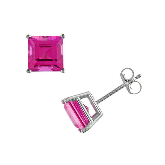 14Kt White Gold Pink Sapphire Princess Cut Stud Earrings