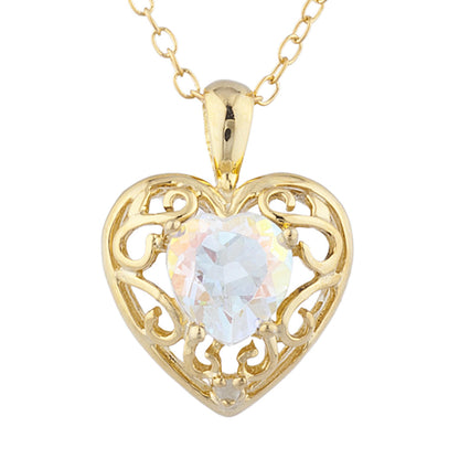 14Kt Gold Natural Mercury Mist Mystic Topaz & Diamond Heart LOVE ENGRAVED Pendant Necklace